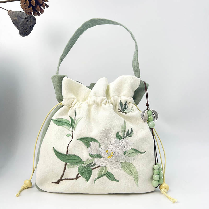 Sac à bandoulière en coton et lin avec broderie de Buddha Stones , papillon, lotus, magnolia