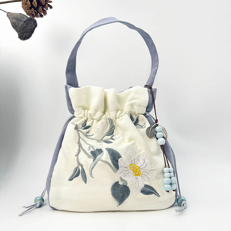Sac à bandoulière en coton et lin avec broderie de Buddha Stones , papillon, lotus, magnolia