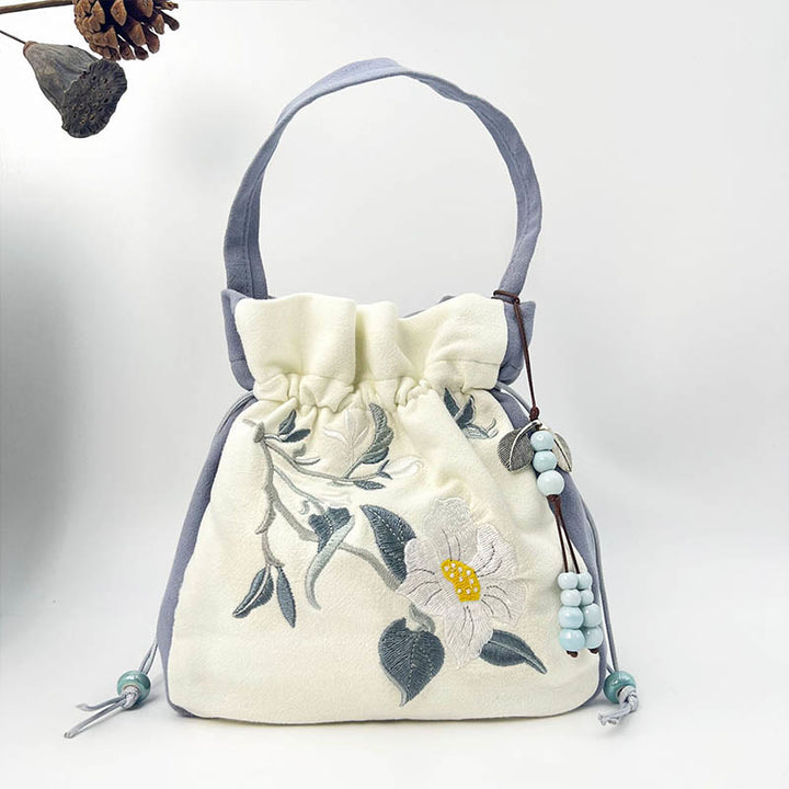 Sac à bandoulière en coton et lin avec broderie de Buddha Stones , papillon, lotus, magnolia