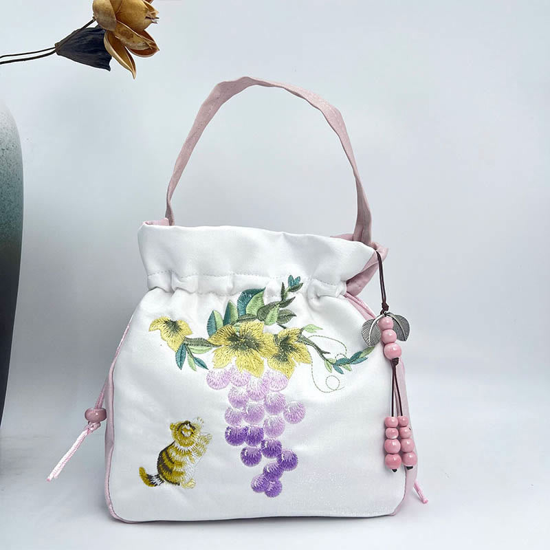 Sac à bandoulière en coton et lin avec Buddha Stones brodées Osmanthus Pivoine Raisin Chat Sac à main