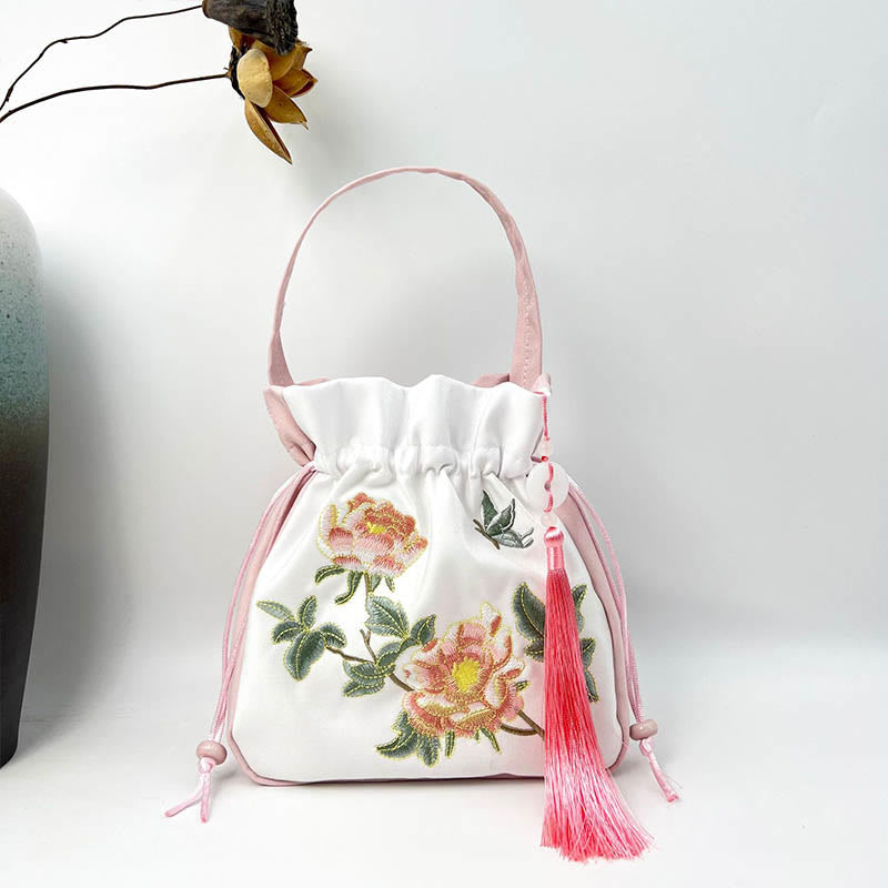 Sac à bandoulière en coton et lin avec Buddha Stones brodées Osmanthus Pivoine Raisin Chat Sac à main