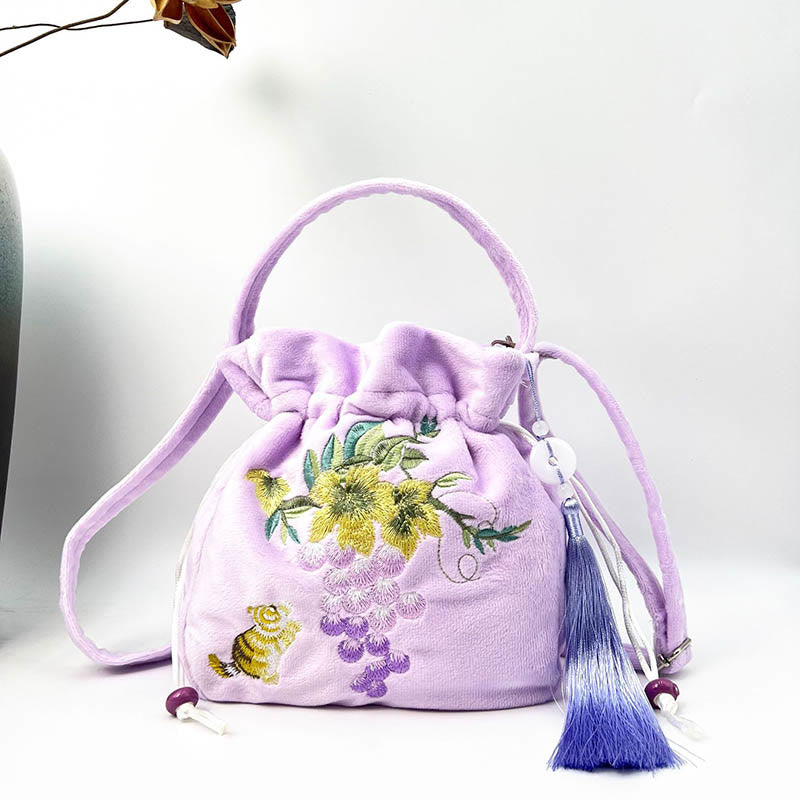 Sac à bandoulière en coton et lin avec Buddha Stones brodées Osmanthus Pivoine Raisin Chat Sac à main