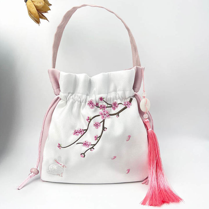 Sac à bandoulière en coton et lin avec Buddha Stones brodées Osmanthus Pivoine Raisin Chat Sac à main