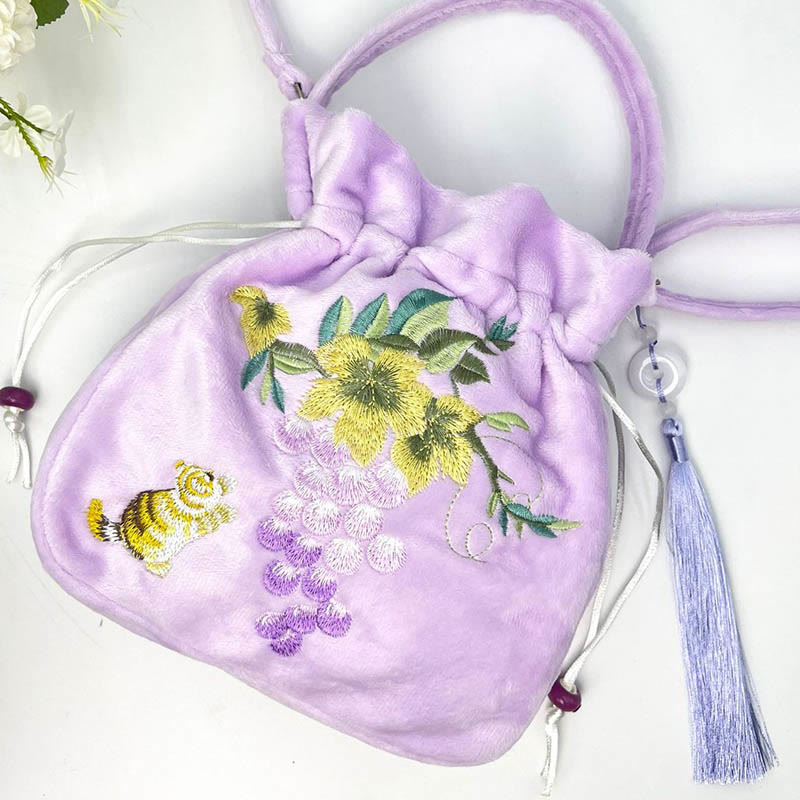 Sac à bandoulière en coton et lin avec Buddha Stones brodées Osmanthus Pivoine Raisin Chat Sac à main