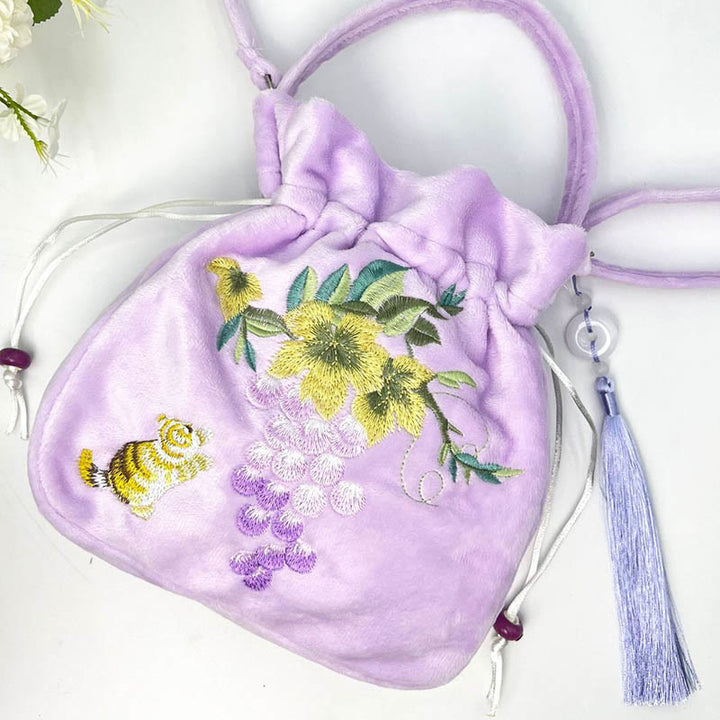Sac à bandoulière en coton et lin avec Buddha Stones brodées Osmanthus Pivoine Raisin Chat Sac à main