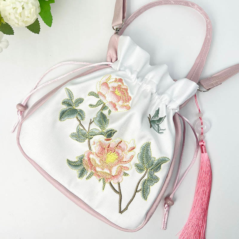 Sac à bandoulière en coton et lin avec Buddha Stones brodées Osmanthus Pivoine Raisin Chat Sac à main