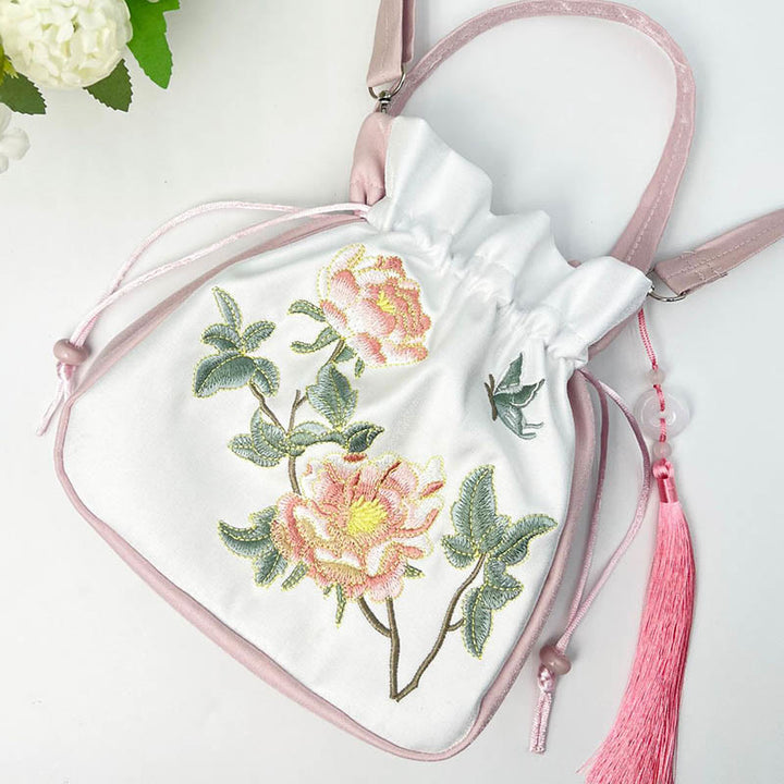 Sac à bandoulière en coton et lin avec Buddha Stones brodées Osmanthus Pivoine Raisin Chat Sac à main