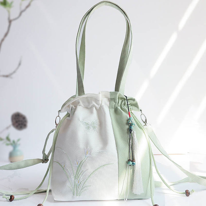 Sac à bandoulière en toile avec Buddha Stones brodées, fleurs d'herbe et fleurs de cerisier - Gazon vert et blanc 28*30cm - image 0