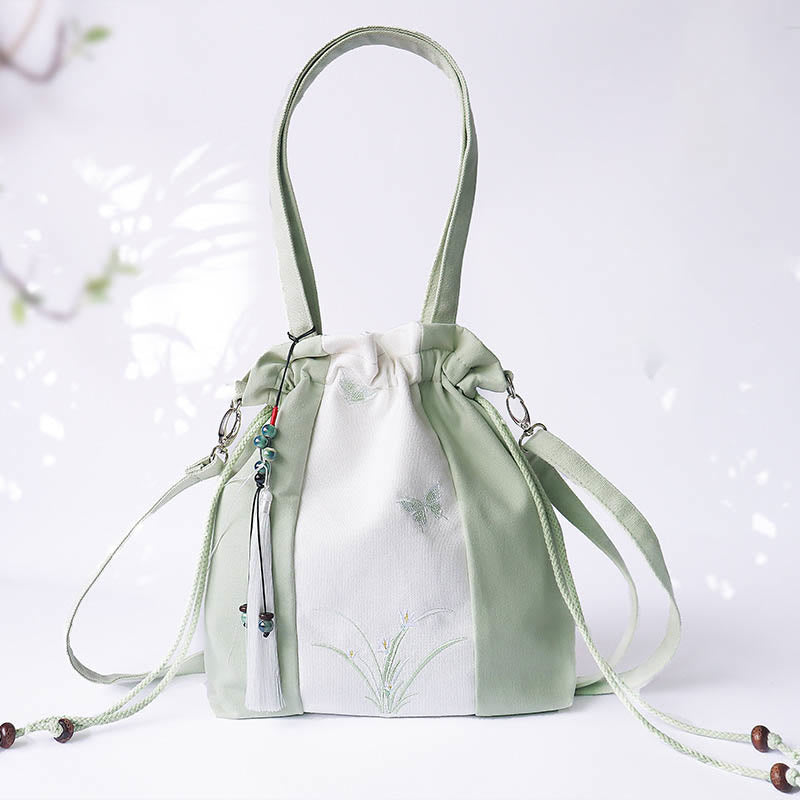 Sac à bandoulière en toile avec Buddha Stones brodées, fleurs d'herbe et fleurs de cerisier