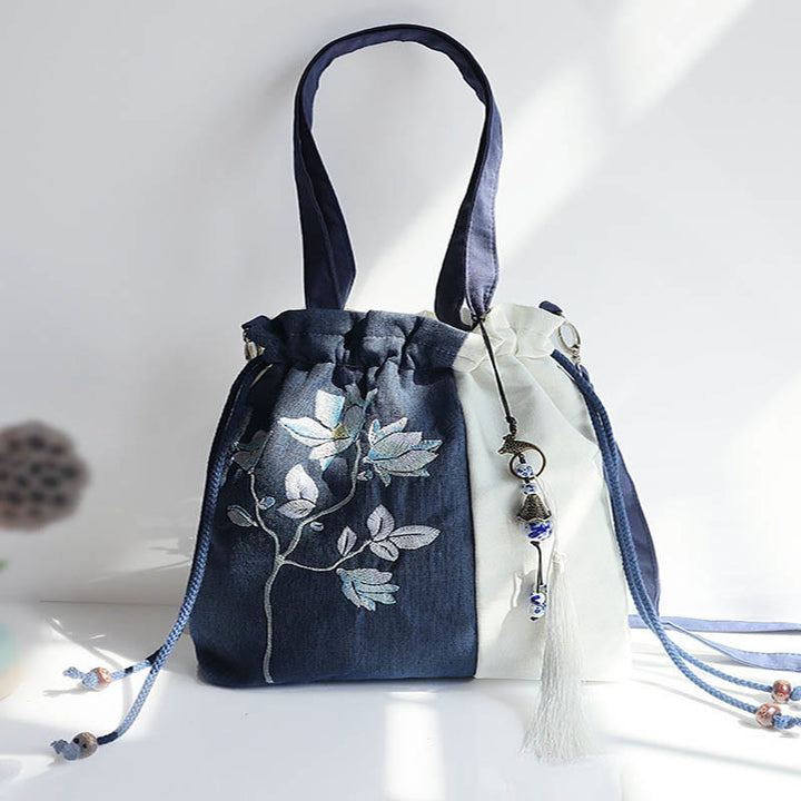 Sac à bandoulière en toile avec Buddha Stones brodées, fleurs d'herbe et fleurs de cerisier - Fleur bleue et blanche 28*30cm - image 8