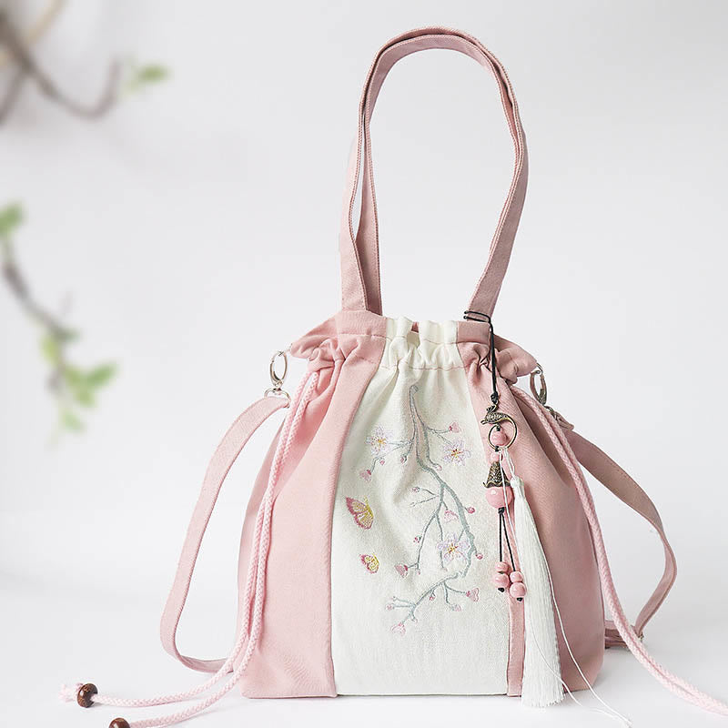Sac à bandoulière en toile avec Buddha Stones brodées, fleurs d'herbe et fleurs de cerisier
