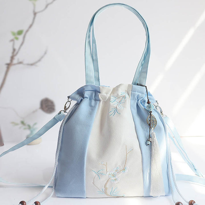 Sac à bandoulière en toile avec Buddha Stones brodées, fleurs d'herbe et fleurs de cerisier - Patchwork triple bleu clair et blanc 28*30cm - image 16