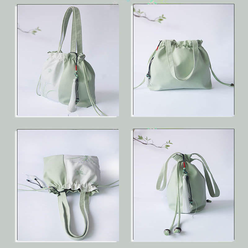 Sac à bandoulière en toile avec Buddha Stones brodées, fleurs d'herbe et fleurs de cerisier