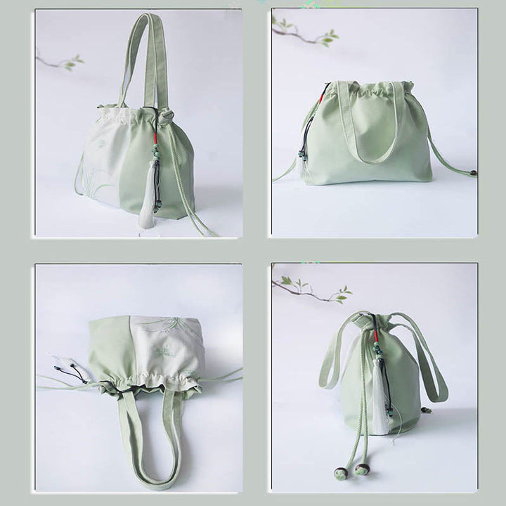 Sac à bandoulière en toile avec Buddha Stones brodées, fleurs d'herbe et fleurs de cerisier