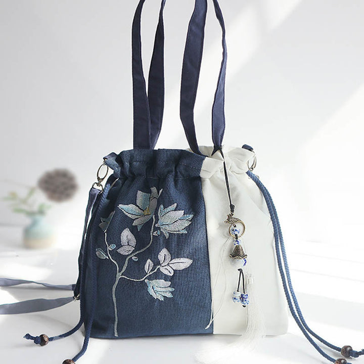 Sac à bandoulière en toile avec Buddha Stones brodées, fleurs d'herbe et fleurs de cerisier