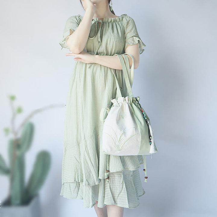 Sac à bandoulière en toile avec Buddha Stones brodées, fleurs d'herbe et fleurs de cerisier - image 2