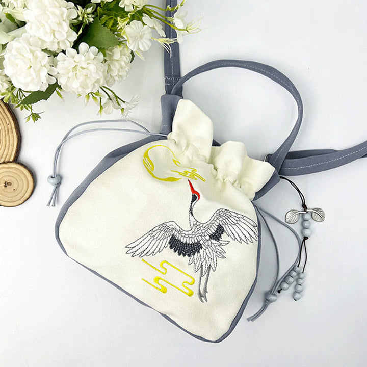 Sac à bandoulière en coton et lin avec broderie de Buddha Stones , papillon, lotus, magnolia