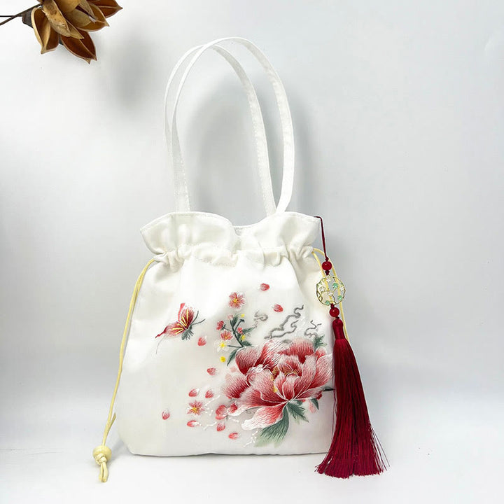 Sac à bandoulière en coton et lin avec broderie de Buddha Stones et de Suzhou, motif de lotus, cerf, épiphyllum, pivoine, lapin