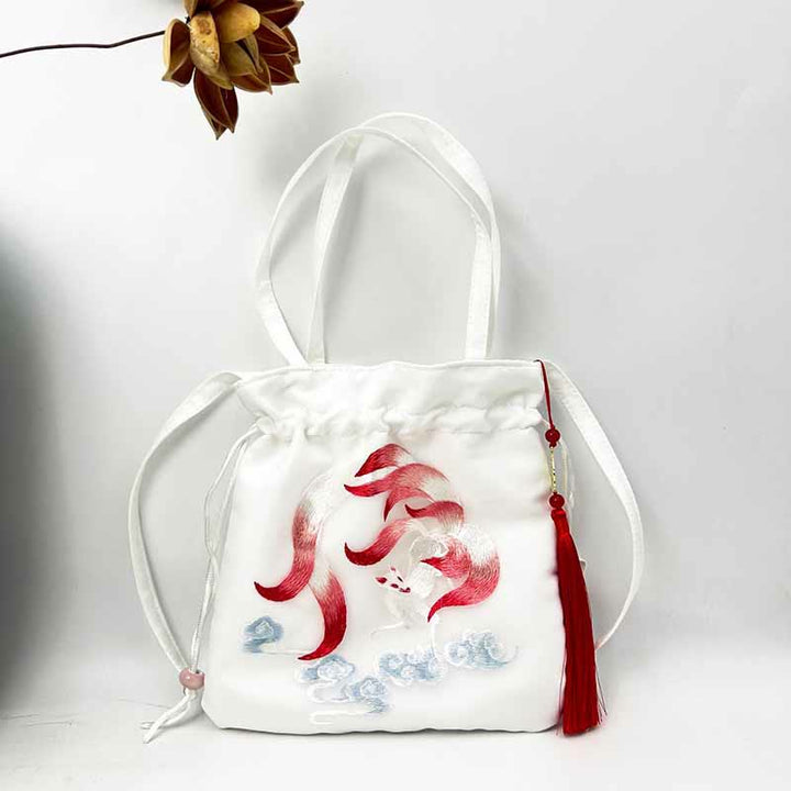 Sac à bandoulière en coton et lin avec broderie de Buddha Stones et de Suzhou, motif de lotus, cerf, épiphyllum, pivoine, lapin
