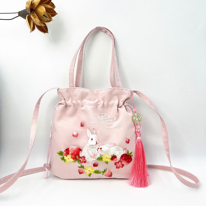 Sac à bandoulière en coton et lin avec broderie de Buddha Stones et de Suzhou, motif de lotus, cerf, épiphyllum, pivoine, lapin - Lapin fraise rose 21*22cm - image 18