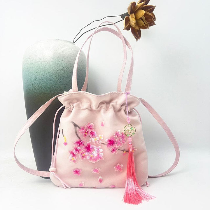 Sac à bandoulière en coton et lin avec broderie de Buddha Stones et de Suzhou, motif de lotus, cerf, épiphyllum, pivoine, lapin