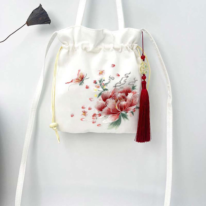 Sac à bandoulière en coton et lin avec broderie de Buddha Stones et de Suzhou, motif de lotus, cerf, épiphyllum, pivoine, lapin - image 17