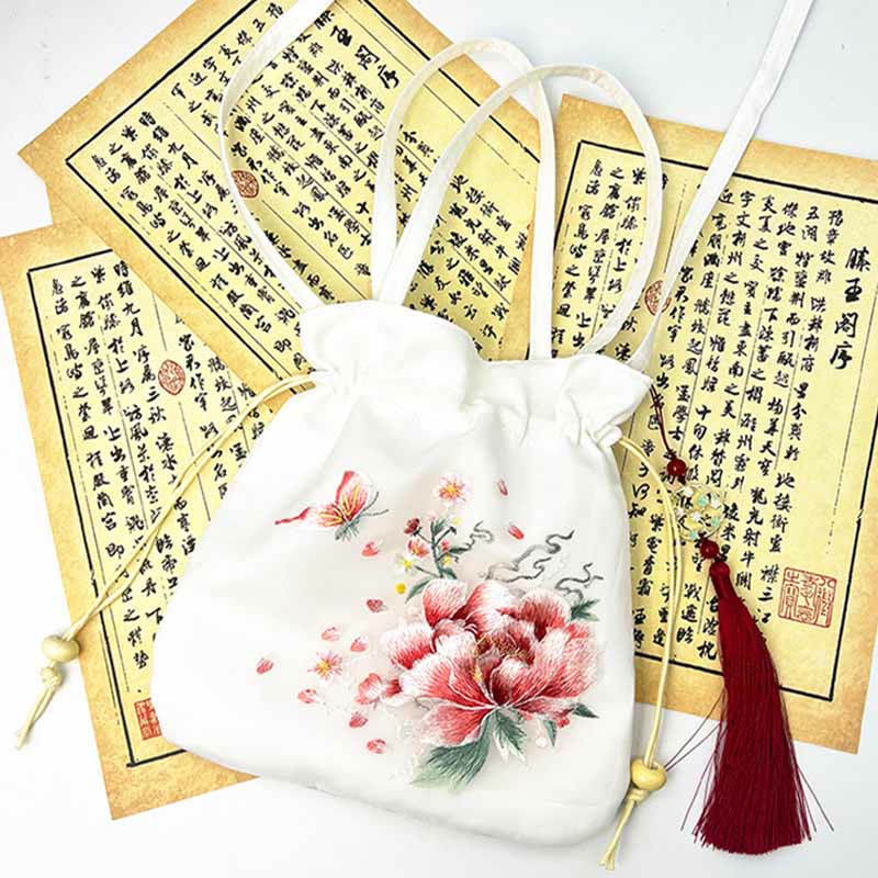 Sac à bandoulière en coton et lin avec broderie de Buddha Stones et de Suzhou, motif de lotus, cerf, épiphyllum, pivoine, lapin