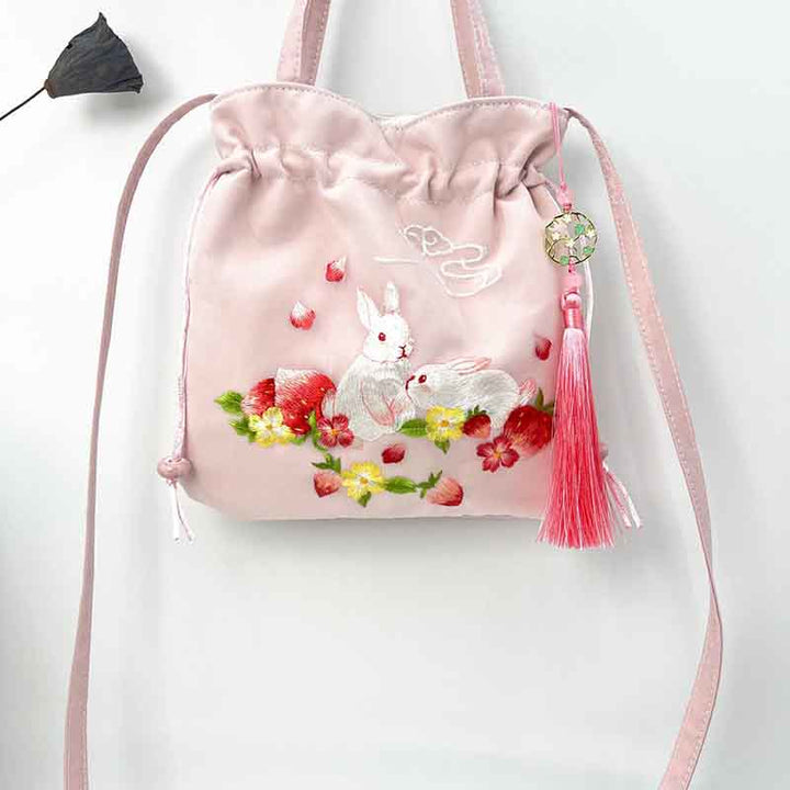 Sac à bandoulière en coton et lin avec broderie de Buddha Stones et de Suzhou, motif de lotus, cerf, épiphyllum, pivoine, lapin