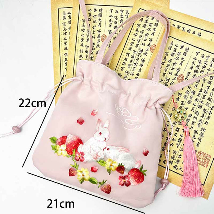 Sac à bandoulière en coton et lin avec broderie de Buddha Stones et de Suzhou, motif de lotus, cerf, épiphyllum, pivoine, lapin