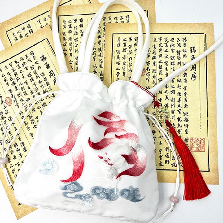 Sac à bandoulière en coton et lin avec broderie de Buddha Stones et de Suzhou, motif de lotus, cerf, épiphyllum, pivoine, lapin