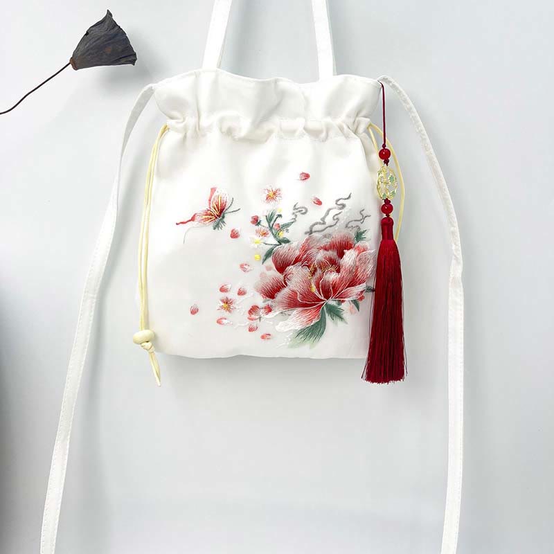 Sac à bandoulière en coton et lin avec broderie de Buddha Stones et de Suzhou, motif de lotus, cerf, épiphyllum, pivoine, lapin