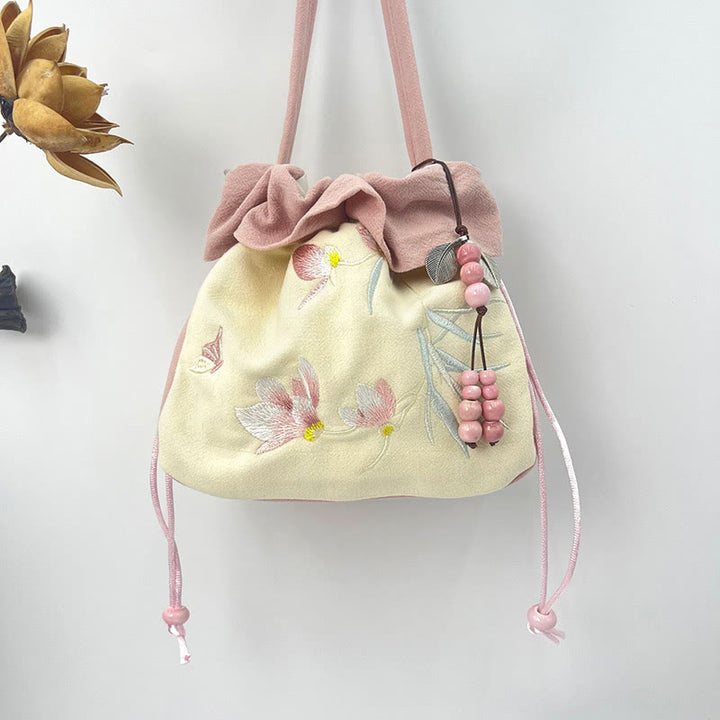 Sac à bandoulière en coton et lin avec broderie de Buddha Stones et Lotus Epiphyllum Magnolia de Suzhou