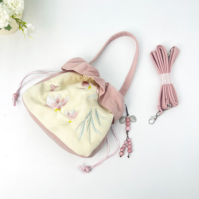 Sac à bandoulière en coton et lin avec broderie de Buddha Stones et Lotus Epiphyllum Magnolia de Suzhou