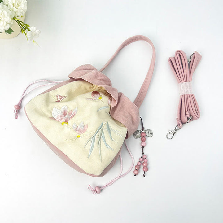 Sac à bandoulière en coton et lin avec broderie de Buddha Stones et Lotus Epiphyllum Magnolia de Suzhou