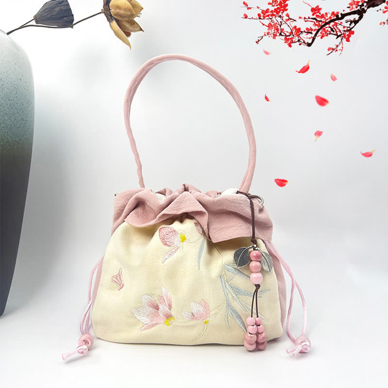 Sac à bandoulière en coton et lin avec broderie de Buddha Stones et Lotus Epiphyllum Magnolia de Suzhou