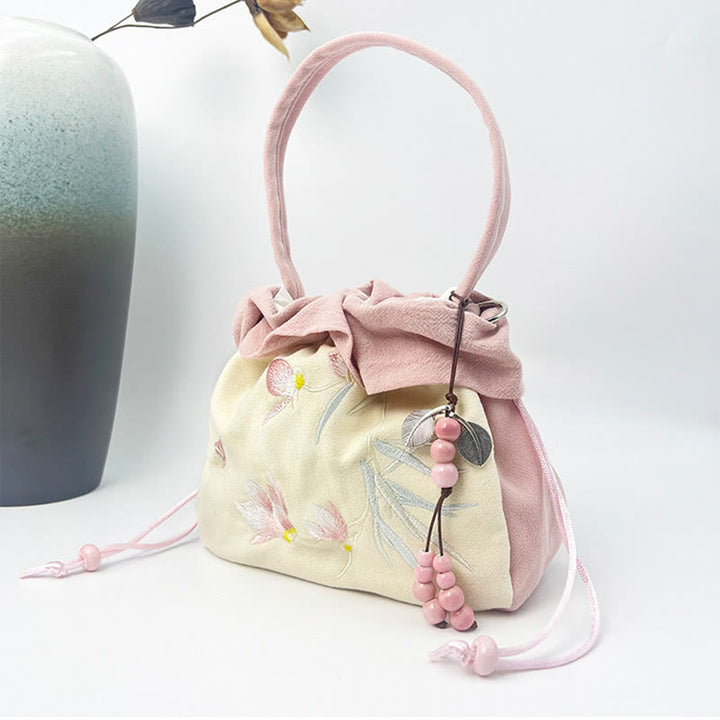Sac à bandoulière en coton et lin avec broderie de Buddha Stones et Lotus Epiphyllum Magnolia de Suzhou