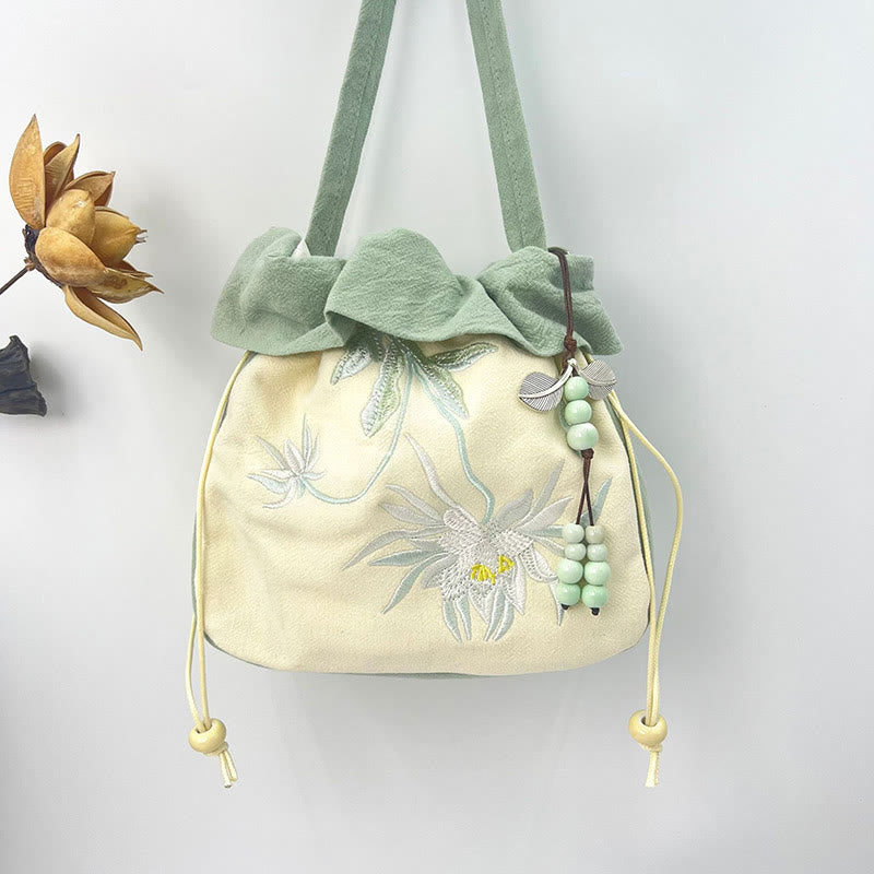 Sac à bandoulière en coton et lin avec broderie de Buddha Stones et Lotus Epiphyllum Magnolia de Suzhou