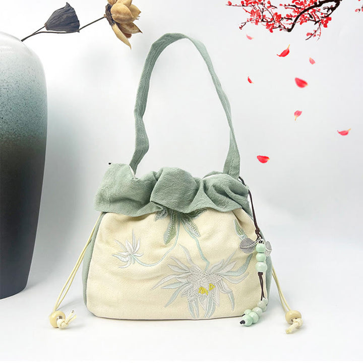 Sac à bandoulière en coton et lin avec broderie de Buddha Stones et Lotus Epiphyllum Magnolia de Suzhou