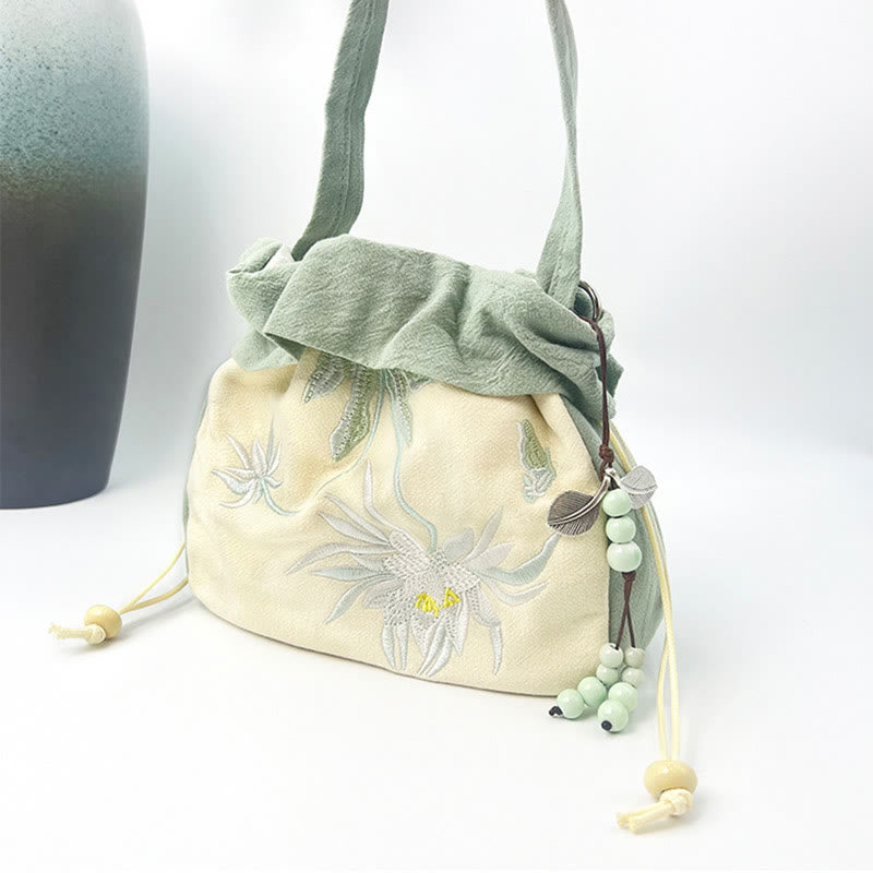 Sac à bandoulière en coton et lin avec broderie de Buddha Stones et Lotus Epiphyllum Magnolia de Suzhou