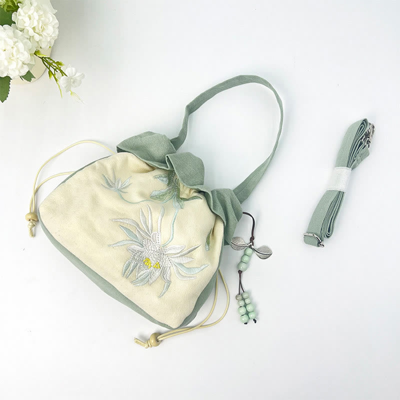 Sac à bandoulière en coton et lin avec broderie de Buddha Stones et Lotus Epiphyllum Magnolia de Suzhou