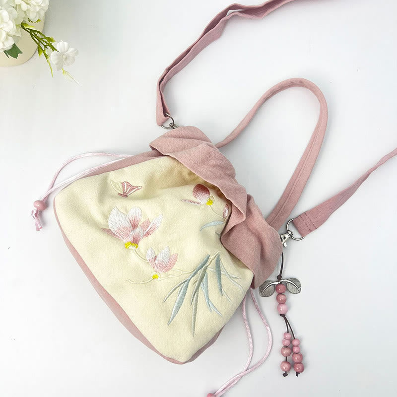 Sac à bandoulière en coton et lin avec broderie de Buddha Stones et Lotus Epiphyllum Magnolia de Suzhou