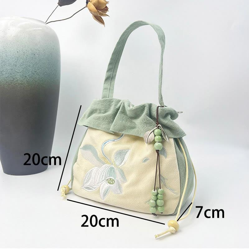 Sac à bandoulière en coton et lin avec broderie de Buddha Stones et Lotus Epiphyllum Magnolia de Suzhou