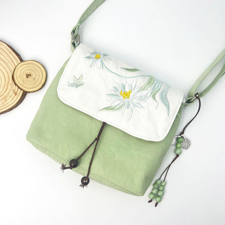 Sac à bandoulière brodé en Buddha Stones , camélia, épiphyllum, gardénia, fleurs de Sakura, sac à bandoulière, sac pour téléphone portable