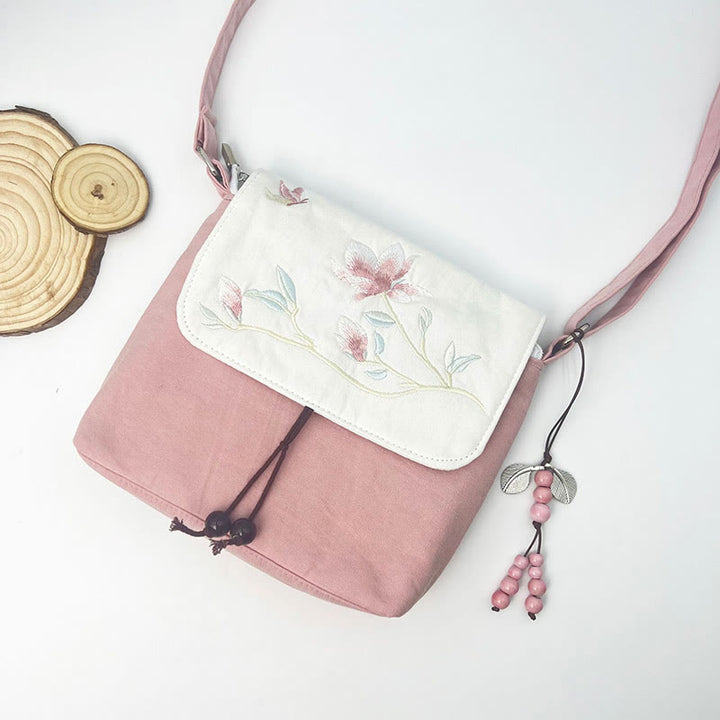 Sac à bandoulière brodé en Buddha Stones , camélia, épiphyllum, gardénia, fleurs de Sakura, sac à bandoulière, sac pour téléphone portable
