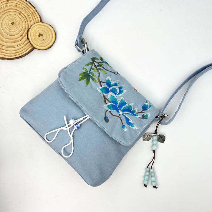 Sac à bandoulière brodé en Buddha Stones , camélia, épiphyllum, gardénia, fleurs de Sakura, sac à bandoulière, sac pour téléphone portable