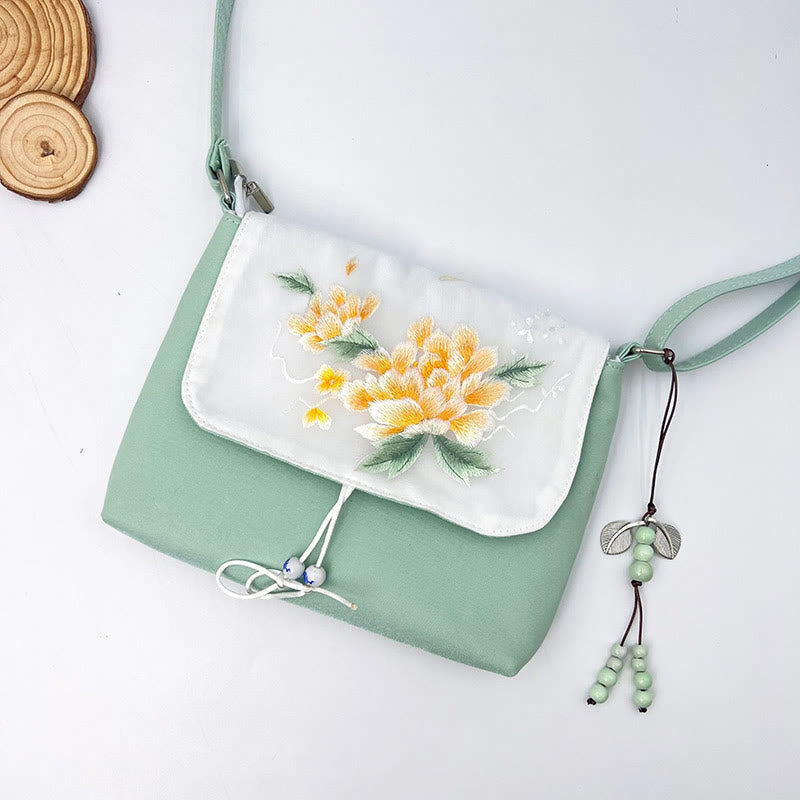Sac à bandoulière brodé en Buddha Stones , camélia, épiphyllum, gardénia, fleurs de Sakura, sac à bandoulière, sac pour téléphone portable