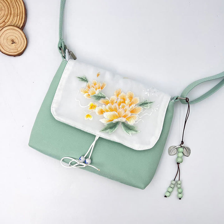 Sac à bandoulière brodé en Buddha Stones , camélia, épiphyllum, gardénia, fleurs de Sakura, sac à bandoulière, sac pour téléphone portable