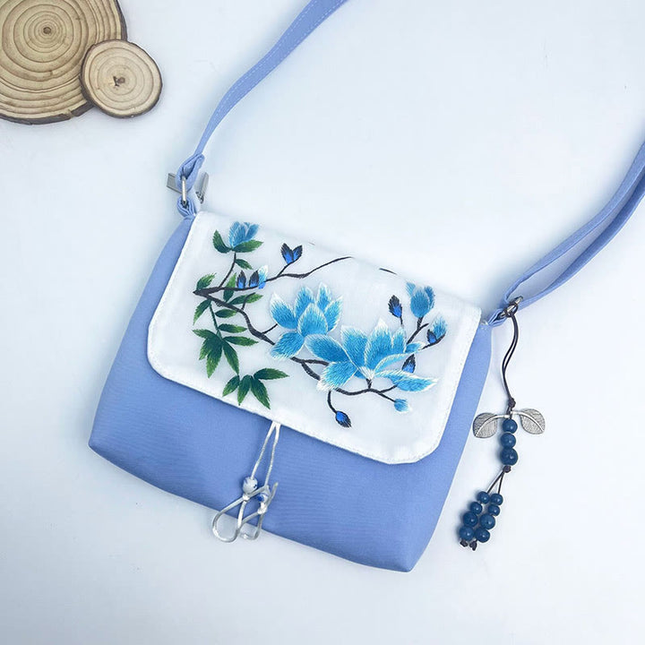 Sac à bandoulière brodé en Buddha Stones , camélia, épiphyllum, gardénia, fleurs de Sakura, sac à bandoulière, sac pour téléphone portable