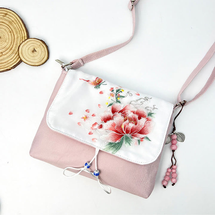Sac à bandoulière brodé en Buddha Stones , camélia, épiphyllum, gardénia, fleurs de Sakura, sac à bandoulière, sac pour téléphone portable