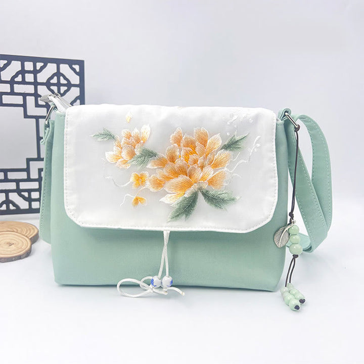Sac à bandoulière brodé en Buddha Stones , camélia, épiphyllum, gardénia, fleurs de Sakura, sac à bandoulière, sac pour téléphone portable